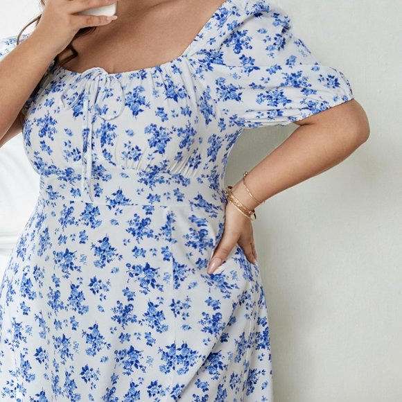 Plus Boho Dress, Floral Print Puff Sleeve Knot Front Split Thigh Dress - Picture 5 of 7